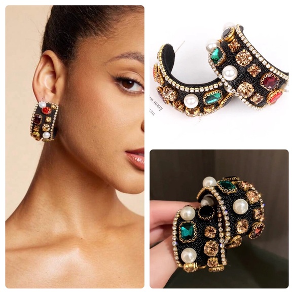 2/$30🌵 Bejeweled Thick Black Hoop Earrings Rhinestone Faux Pearl Royalty NEW - Picture 1 of 16